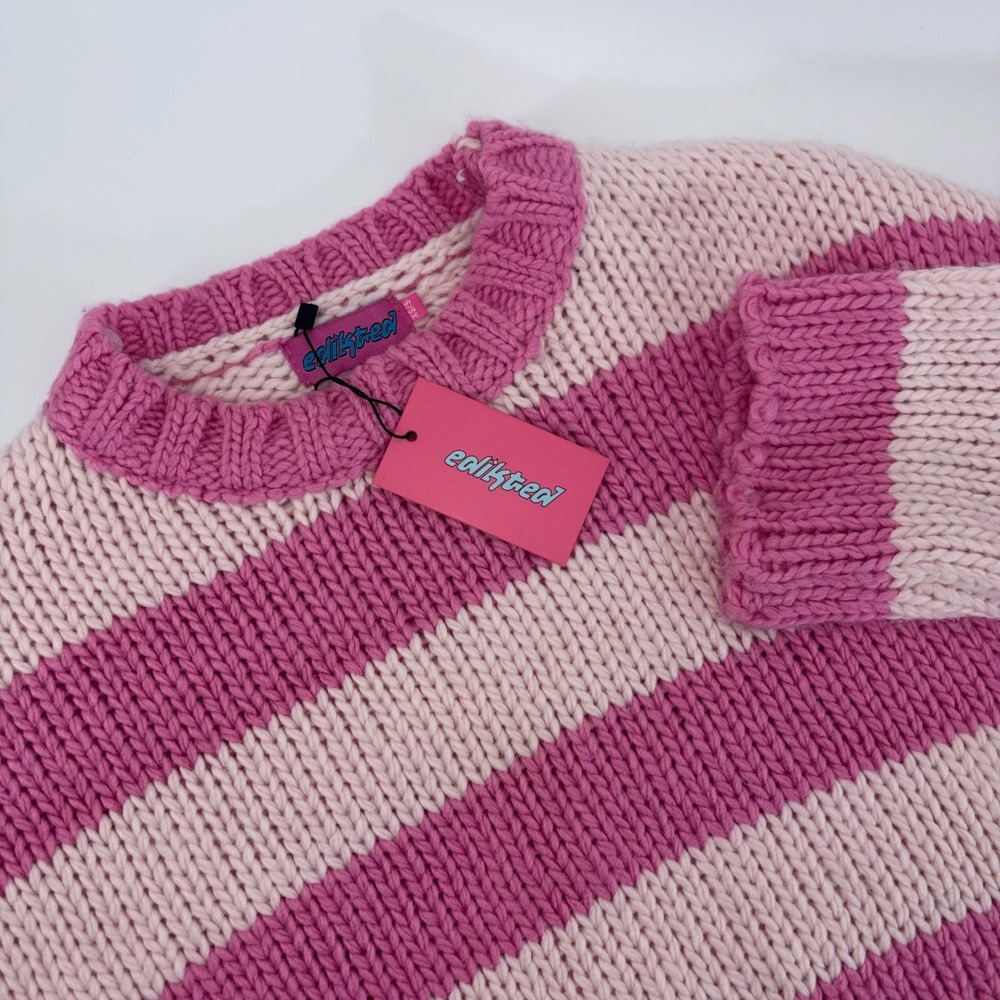 Edikted Pink Striped Chunky Knit Cropped Sweater XS/S Crew Neck Long Sleeve